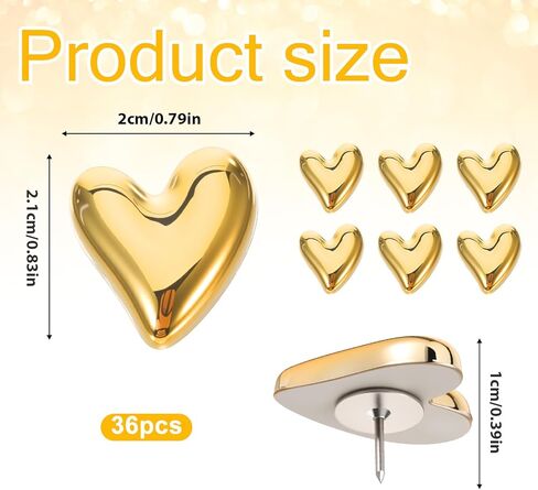 36Pcs Cute Heart Decorative Pins, Gold Heart Push Pins for Bulletin Board, Cork Board, Photo Walls, Memos, Whiteboards, Office or Home in Saudi Arabia