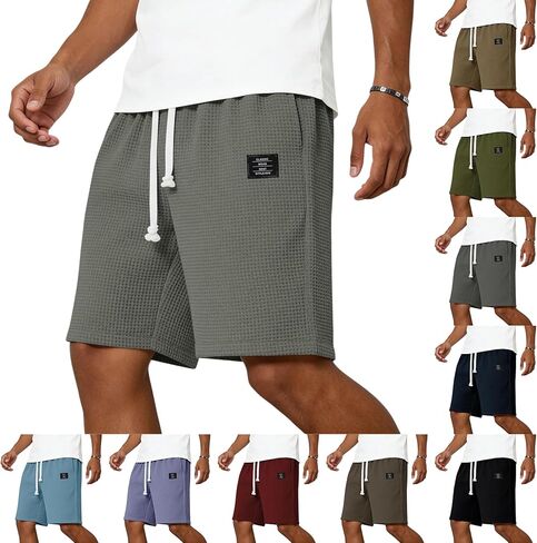 Waffle Shorts Men Baggy Elastic Waist Sweat Shorts Summer 7 Inch Short Athletic Workout SweatShorts with Pockets in Saudi Arabia