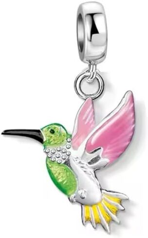 سحر MM Charms من الفضة الاسترليني المتدلية على شكل طائر طنان، مينا وردي أخضر أصفر، متوافق مع الخرز in Saudi Arabia