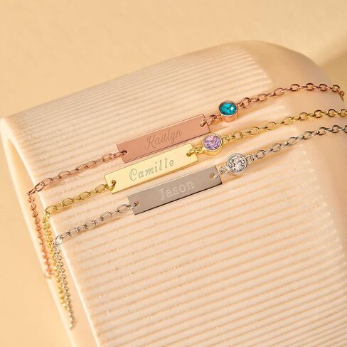 EVE'S ADDICTION Custom Engraved Rose Gold Tone Birthstone Name Bar Bracelet - Personalized Birthstone Bracelet for Women - Name Bracelet - Couple's Bracelet - Birthday Gift for Her - Gifts for Mom in Saudi Arabia