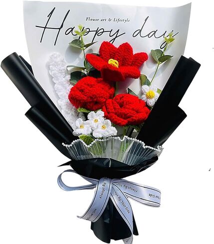 Completed Crochet Flowers Bouquet, Handmade Knitted Bouquet, Crochet Artificial Flowers for Mother's Day Birthday, Wedding Home Decor, Gifts for Mom (Rose) in Saudi Arabia