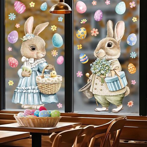 2 Sheets Easter PVC Static Window Clings Watercolor Bunny Egg Decorations Reusable Removable Window Stickers for Easter Party Home Glass Door Wall Decor Spring Holiday Decorations for Kids Adults in Saudi Arabia