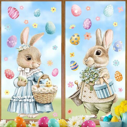 2 Sheets Easter PVC Static Window Clings Watercolor Bunny Egg Decorations Reusable Removable Window Stickers for Easter Party Home Glass Door Wall Decor Spring Holiday Decorations for Kids Adults in Saudi Arabia