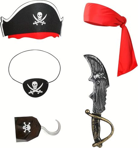5Pcs Pirate Costume Accessories for Men - Adult Pirate Eye Patch, Hat,Sword, Captain hook & Headband for Halloween Costume Theme Parties in Saudi Arabia