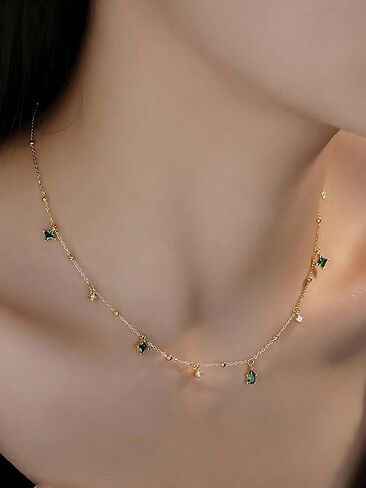 سلسلة من الفضة الإسترلينية S925 باللون الأخضر المربع الصغير على شكل دمعة زركونيا على شكل عظمة الترقوة بسيطة in Kuwait