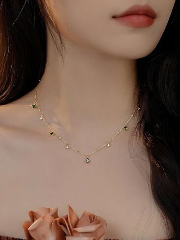 سلسلة من الفضة الإسترلينية S925 باللون الأخضر المربع الصغير على شكل دمعة زركونيا على شكل عظمة الترقوة بسيطة in Kuwait