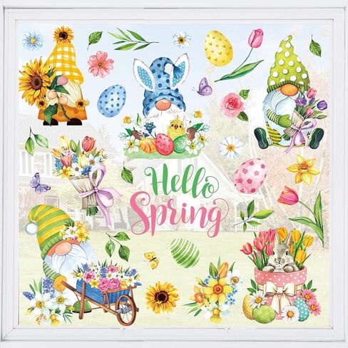 9 Sheets Hello Spring Gnome Windows Cling Stickers Easter Egg Gnome Flower Window Decals Reusable Window Decoration for Spring Easter Party Home Office Classroom in Saudi Arabia