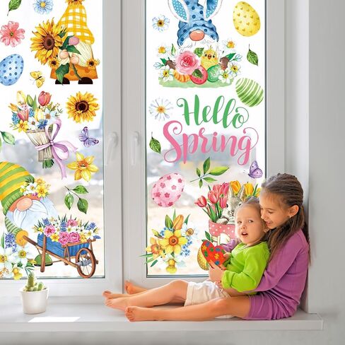 9 Sheets Hello Spring Gnome Windows Cling Stickers Easter Egg Gnome Flower Window Decals Reusable Window Decoration for Spring Easter Party Home Office Classroom in Saudi Arabia