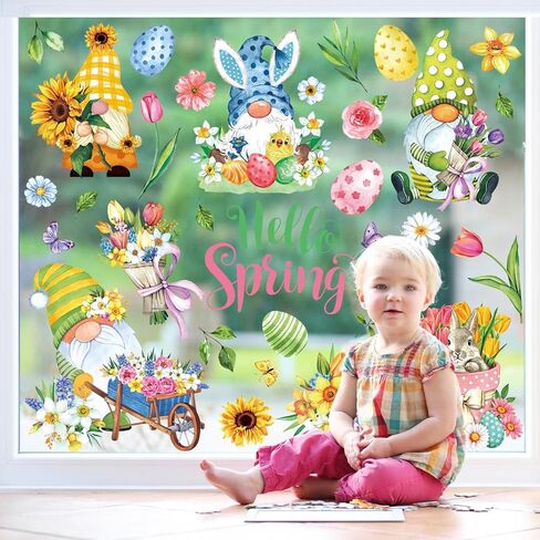 9 Sheets Hello Spring Gnome Windows Cling Stickers Easter Egg Gnome Flower Window Decals Reusable Window Decoration for Spring Easter Party Home Office Classroom in Saudi Arabia