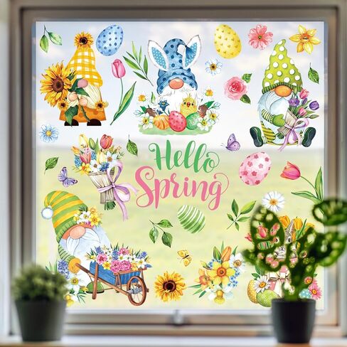 9 Sheets Hello Spring Gnome Windows Cling Stickers Easter Egg Gnome Flower Window Decals Reusable Window Decoration for Spring Easter Party Home Office Classroom in Saudi Arabia
