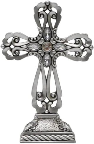 الصليب الدائم | صليب طاولة مزخرف لمذبح المنزل | حامل متقاطع للمكتب | تمثال صليب للجرف | الصليب الواقف | صليب ديني مقاس وسط 7 بوصة فضي in Kuwait