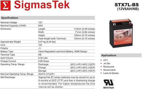 GTX7L-BS Compatible SLA Motorcycle Battery by SigmasTek, STX7L-BS 100CCA in Saudi Arabia