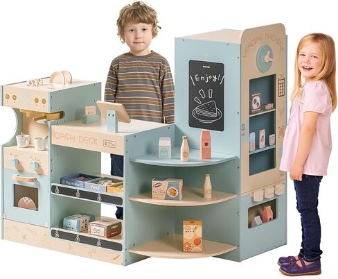 ROBOTIME Kids Grocery Store Playset, Wooden Pretend Play Supermarket with Checkout Counter, Vending Machine Toy, Kids Coffee Maker & Cuting Food, Grocery Store Pretend Play for Toddler Boys Girls in Kuwait