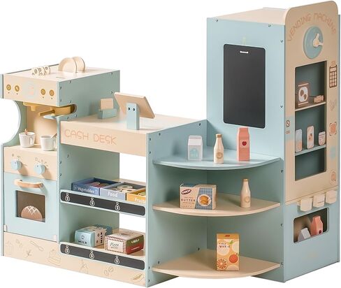 ROBOTIME Kids Grocery Store Playset, Wooden Pretend Play Supermarket with Checkout Counter, Vending Machine Toy, Kids Coffee Maker & Cuting Food, Grocery Store Pretend Play for Toddler Boys Girls in Kuwait