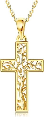 GEHN 14K Solid Gold Cross Necklace Tree of Life Necklace Solid Gold Cross Jewelry Religious Jewelry Christian Gifts for Women Wife Mom in Kuwait