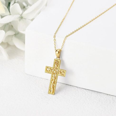 GEHN 14K Solid Gold Cross Necklace Tree of Life Necklace Solid Gold Cross Jewelry Religious Jewelry Christian Gifts for Women Wife Mom in Kuwait