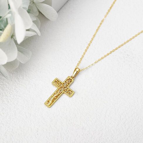 GEHN 14K Solid Gold Cross Necklace Tree of Life Necklace Solid Gold Cross Jewelry Religious Jewelry Christian Gifts for Women Wife Mom in Kuwait
