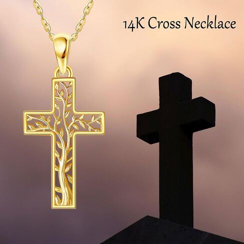 GEHN 14K Solid Gold Cross Necklace Tree of Life Necklace Solid Gold Cross Jewelry Religious Jewelry Christian Gifts for Women Wife Mom in Kuwait