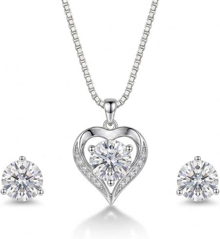 Moissanite Necklace and Earrings Set for Women, 3 Carats Total (1 Carat Heart Pendant + 1 Carat Stud Earrings Each), Engraved “I LOVE YOU", Rhodium Plated with Palladium Anti-Tarnish – Anniversary Valentine’s Gift in Kuwait