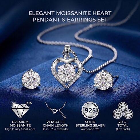 Moissanite Necklace and Earrings Set for Women, 3 Carats Total (1 Carat Heart Pendant + 1 Carat Stud Earrings Each), Engraved “I LOVE YOU", Rhodium Plated with Palladium Anti-Tarnish – Anniversary Valentine’s Gift in Kuwait