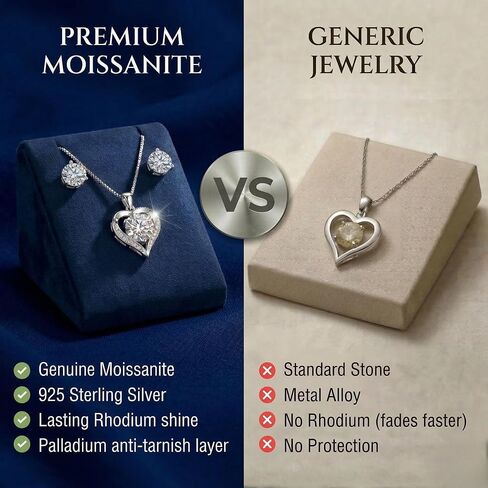 Moissanite Necklace and Earrings Set for Women, 3 Carats Total (1 Carat Heart Pendant + 1 Carat Stud Earrings Each), Engraved “I LOVE YOU", Rhodium Plated with Palladium Anti-Tarnish – Anniversary Valentine’s Gift in Kuwait