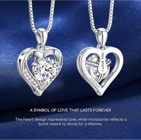 Moissanite Necklace and Earrings Set for Women, 3 Carats Total (1 Carat Heart Pendant + 1 Carat Stud Earrings Each), Engraved “I LOVE YOU", Rhodium Plated with Palladium Anti-Tarnish – Anniversary Valentine’s Gift in Kuwait