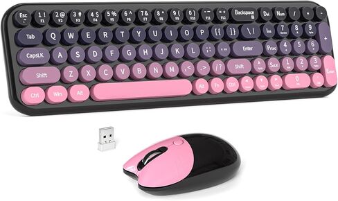 Wireless Keyboard and Mouse Combo, MOWUX Full Size Typewriter Retro Round Computer Keyboard, Cute Optical Mouse Wireless, Plug and Play, for Laptop, PC, Computer-Blue Gradient in Kuwait