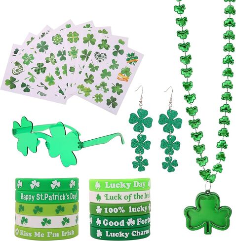 21 PCS St Patricks Day Accessories for Women Shamrock Jewelry Set Irish Clover Acrylic Earrings Necklace Rubber Wristbands Bracelets Stickers Festival Party Costume in Saudi Arabia