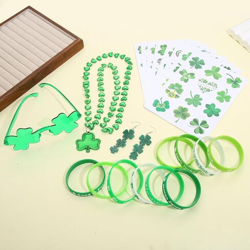 21 PCS St Patricks Day Accessories for Women Shamrock Jewelry Set Irish Clover Acrylic Earrings Necklace Rubber Wristbands Bracelets Stickers Festival Party Costume in Saudi Arabia