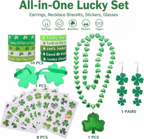 21 PCS St Patricks Day Accessories for Women Shamrock Jewelry Set Irish Clover Acrylic Earrings Necklace Rubber Wristbands Bracelets Stickers Festival Party Costume in Saudi Arabia