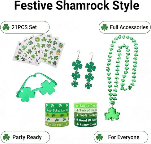 21 PCS St Patricks Day Accessories for Women Shamrock Jewelry Set Irish Clover Acrylic Earrings Necklace Rubber Wristbands Bracelets Stickers Festival Party Costume in Saudi Arabia
