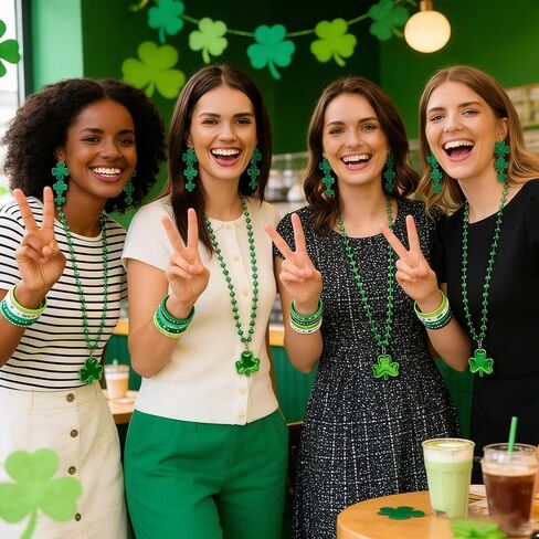 21 PCS St Patricks Day Accessories for Women Shamrock Jewelry Set Irish Clover Acrylic Earrings Necklace Rubber Wristbands Bracelets Stickers Festival Party Costume in Saudi Arabia