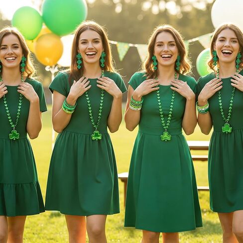 21 PCS St Patricks Day Accessories for Women Shamrock Jewelry Set Irish Clover Acrylic Earrings Necklace Rubber Wristbands Bracelets Stickers Festival Party Costume in Saudi Arabia