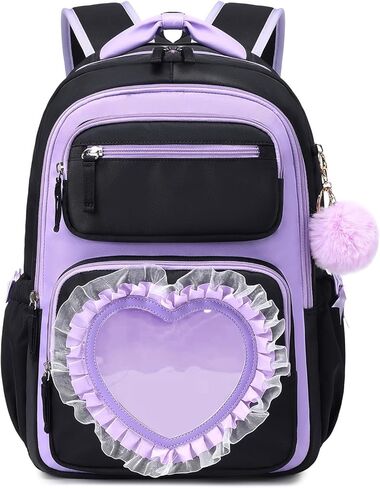 MOONBABY Girls Backpack for Ages 6-14 with Sweet Heart Pocket, 17" Lightweight Elementary Middle School Bookbag, Bowknot Lace Ballet Style in Kuwait