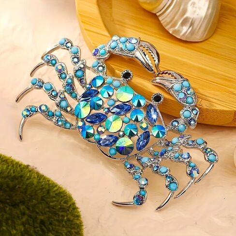 Shiny Rhinestone Crab Brooch with Sapphire - Cute sea animal jewelry for women, suitable for parties and daily wear, birthday anniversary metal gift, exquisite craftsmanship, dynamic accessory in Saudi Arabia