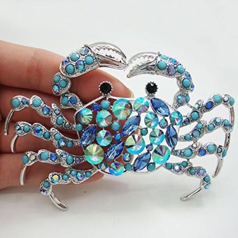 Shiny Rhinestone Crab Brooch with Sapphire - Cute sea animal jewelry for women, suitable for parties and daily wear, birthday anniversary metal gift, exquisite craftsmanship, dynamic accessory in Saudi Arabia