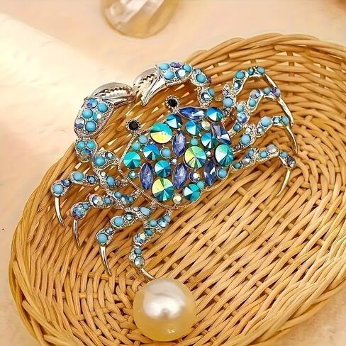 Shiny Rhinestone Crab Brooch with Sapphire - Cute sea animal jewelry for women, suitable for parties and daily wear, birthday anniversary metal gift, exquisite craftsmanship, dynamic accessory in Saudi Arabia
