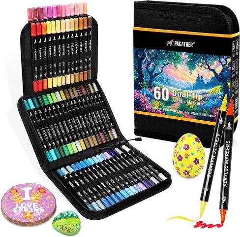 Pagather 36 Colors Acrylic Paint Markers, Dual Tip with Fine Tip and Brush Tip Pens for Fabric, Stone, Wood, Canvas, Ceramic, Metal, Glass, Rock Painting, DIY Crafts in Saudi Arabia