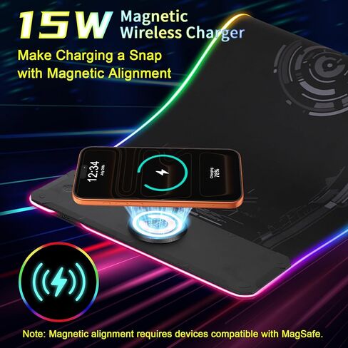 Large Gaming Mouse Pad with Magnetic Wireless Charger 15W Fast Charging, RGB Light LED Mousepad Desk Mat, Smooth Surface, Anti-Slip Rubber Base, Keyboard Pad for Gaming, MacBook, PC, Laptop - Black in Saudi Arabia