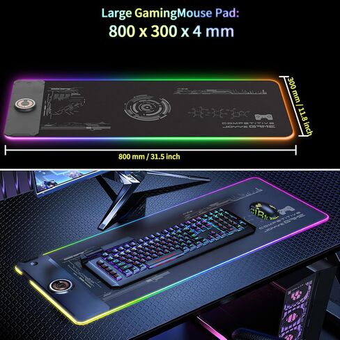 Large Gaming Mouse Pad with Magnetic Wireless Charger 15W Fast Charging, RGB Light LED Mousepad Desk Mat, Smooth Surface, Anti-Slip Rubber Base, Keyboard Pad for Gaming, MacBook, PC, Laptop - Black in Saudi Arabia