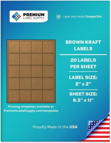 Premium Label Supply Brown Kraft Sticker Square Labels – 2" x 2" – Laser/Inkjet Compatible – (20 per Sheet), 25 Sheets – 500 Total Adhesive Labels in Saudi Arabia