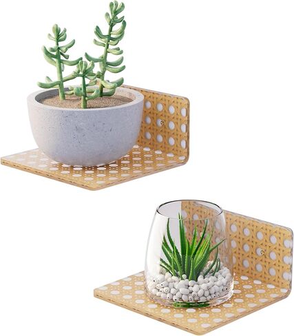Small Boho Floating Shelf for Wall, Rattan Wall Shelf with Frosted Acrylic, Easy Install Mini Wall Shelf for Plants, Perfume & Decor, Bathroom Bedroom Apartment Decor in Kuwait