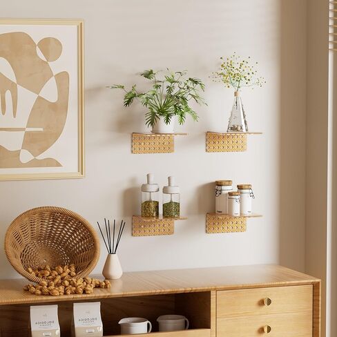 Small Boho Floating Shelf for Wall, Rattan Wall Shelf with Frosted Acrylic, Easy Install Mini Wall Shelf for Plants, Perfume & Decor, Bathroom Bedroom Apartment Decor in Kuwait