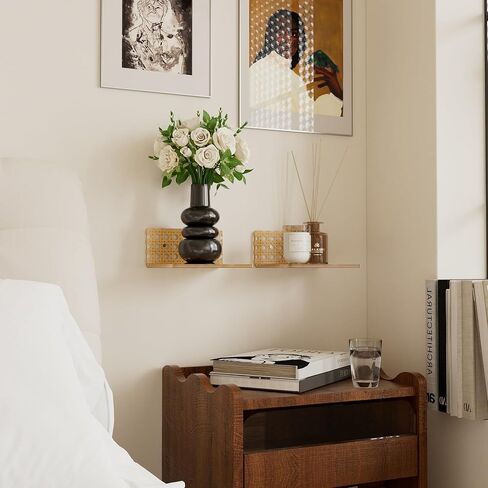 Small Boho Floating Shelf for Wall, Rattan Wall Shelf with Frosted Acrylic, Easy Install Mini Wall Shelf for Plants, Perfume & Decor, Bathroom Bedroom Apartment Decor in Kuwait