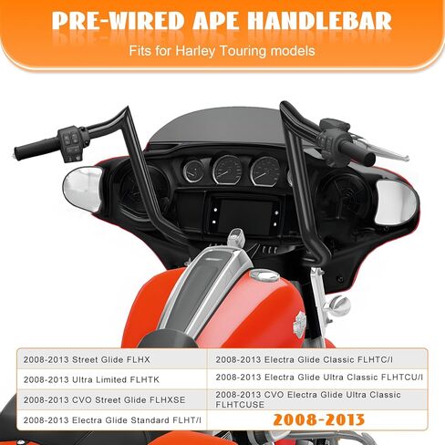 14" Rise Pre-Wired Ape Hangers Handlebars 1 1/4" Fat 1" Clamp Meathook Monkey Bar for Harley Touring 2008-2013 Harley Street Glide FLHX Electra Glide Standard FLHT Ultra Limited FLHTK in Kuwait