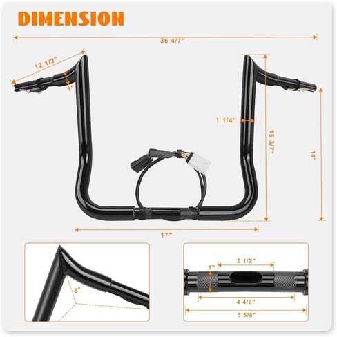 14" Rise Pre-Wired Ape Hangers Handlebars 1 1/4" Fat 1" Clamp Meathook Monkey Bar for Harley Touring 2008-2013 Harley Street Glide FLHX Electra Glide Standard FLHT Ultra Limited FLHTK in Kuwait