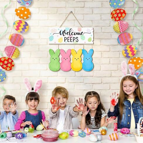ترحيب اللمحات عيد الفصح علامة الباب، سعيد عيد الفصح البيض الأرنب أرنب باب شماعات الزينة، إكليل خشبي الربيع علامات معلقة للمنزل جدار نافذة ساحة مزرعة ديكور داخلي في الهواء الطلق in Kuwait