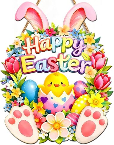 Easter Wreath Wooden Large 14.6 Inch Front Door Bunny Door Sign Hollow Rabbit Spring Decor Indoor Outdoor in Kuwait