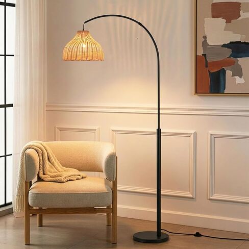 Brightech Lark Arc Lamp for Living Rooms & Offices, Floor Lamp with Unique Hanging Wicker Shade, Standing Lamp for Bedroom Reading, Tall Lamp Matches Boho and Other Living Room Decor, Brass in Kuwait