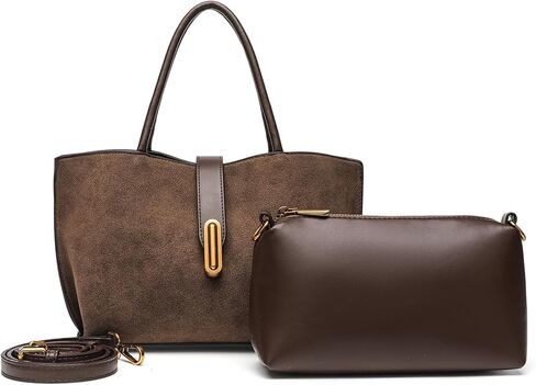 حقيبة حمل من الجلد السويدي النباتي للنساء، حقيبة كتف 2 في 1 بحجم أكبر مطورة مع حقيبة قابلة للإزالة، للعمل والاستخدام اليومي in Kuwait